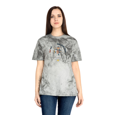 Woman wearing a gray t-shirt with Uncle Sam dancing and text "Red and White, Blue Suede Shoes..." 