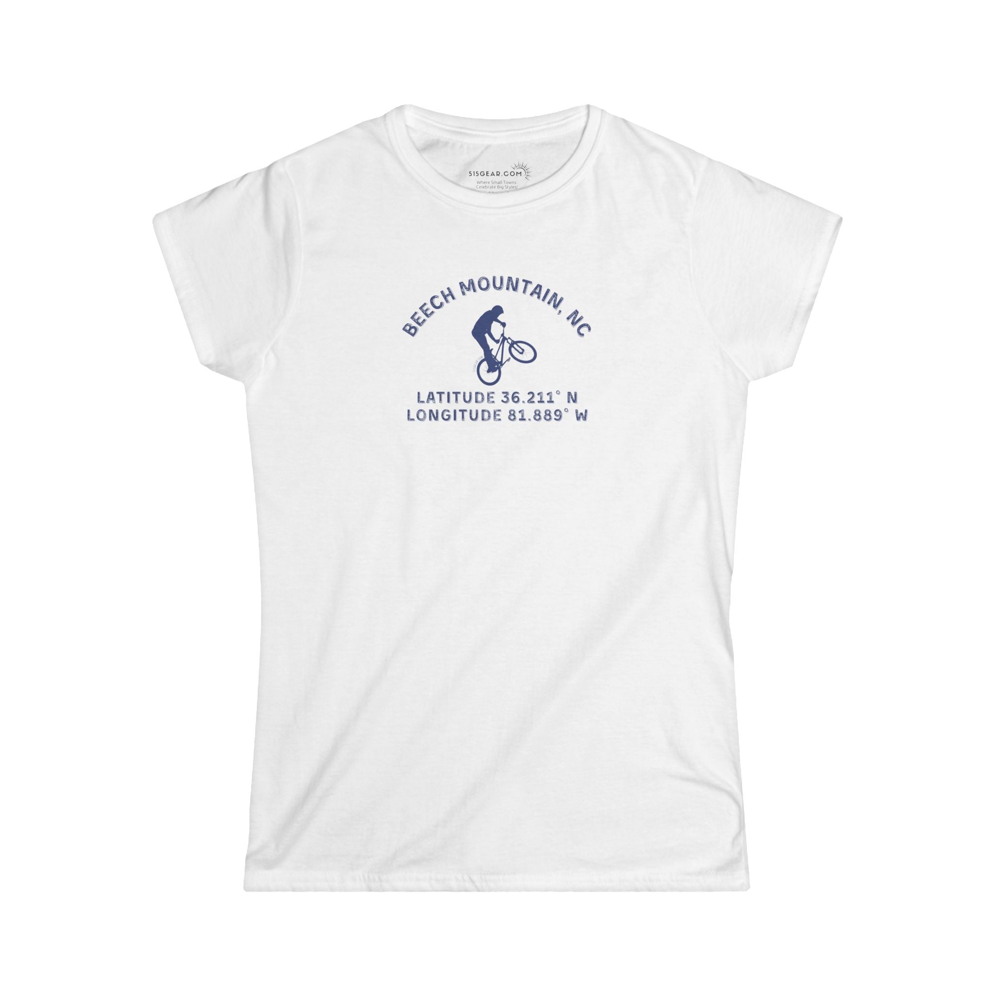 White women's semi fitted t-shirt with mountain bike graphic and text "Beech Mountain, NC - Latitude and Longitude" coordinates