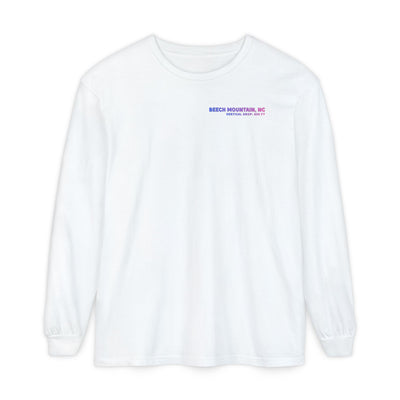 White long-sleeve Comfort Color t-shirt with text Beech Mountain NC Vertical Drop  830 ft