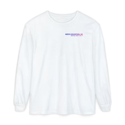 White long-sleeve Comfort Color t-shirt with text Beech Mountain NC Vertical Drop  830 ft
