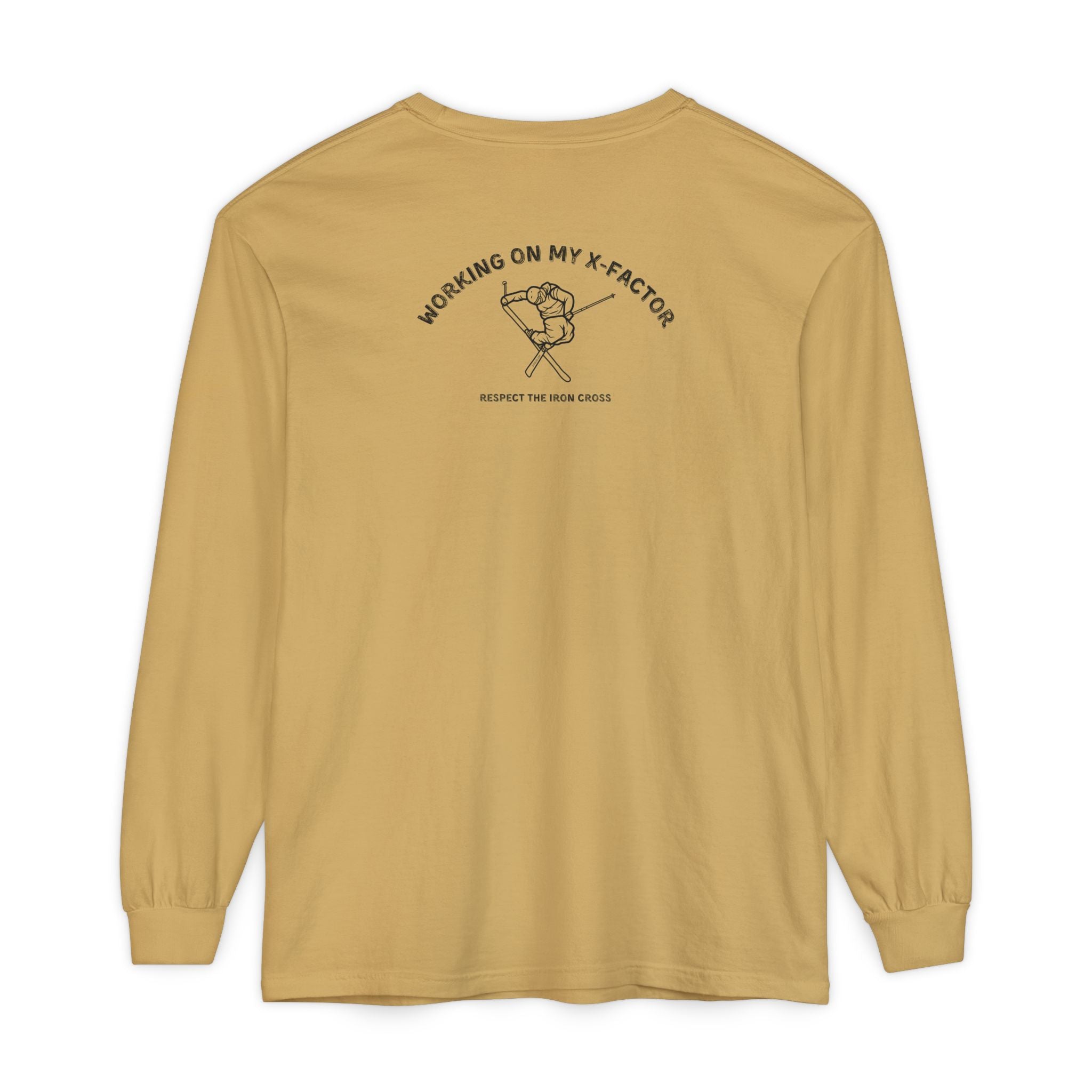 Mustard long-sleeve unisex Comfort Color t-shirt with ski jump graphic and text Working on my X-Factor Respect the Iron Cross