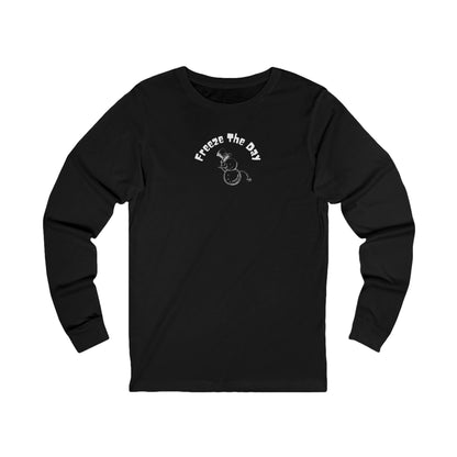 Black long-sleeve shirt with a snowman tipping a hat and text "Freeze the Day" by 515Gear.com