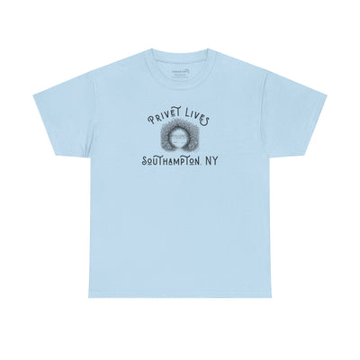 Light blue t-shirt with privet beach pathway illustration and text "Privet Lives - Southampton, NY"
