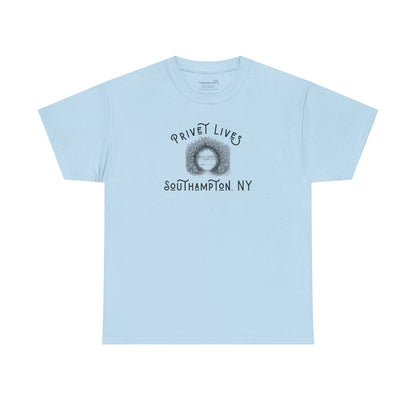Light blue t-shirt with privet beach pathway illustration and text "Privet Lives - Southampton, NY"
