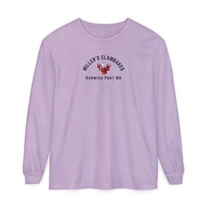 Purple long-sleeve shirt with a happy lobster graphic and text "Miller's Clambakes Harwich Port, MA"