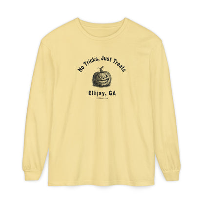 Yellow comfort colors long sleeve tee with Halloween-themed design "No Tricks, Just Treats - Ellijay, GA" by 515Gear.com