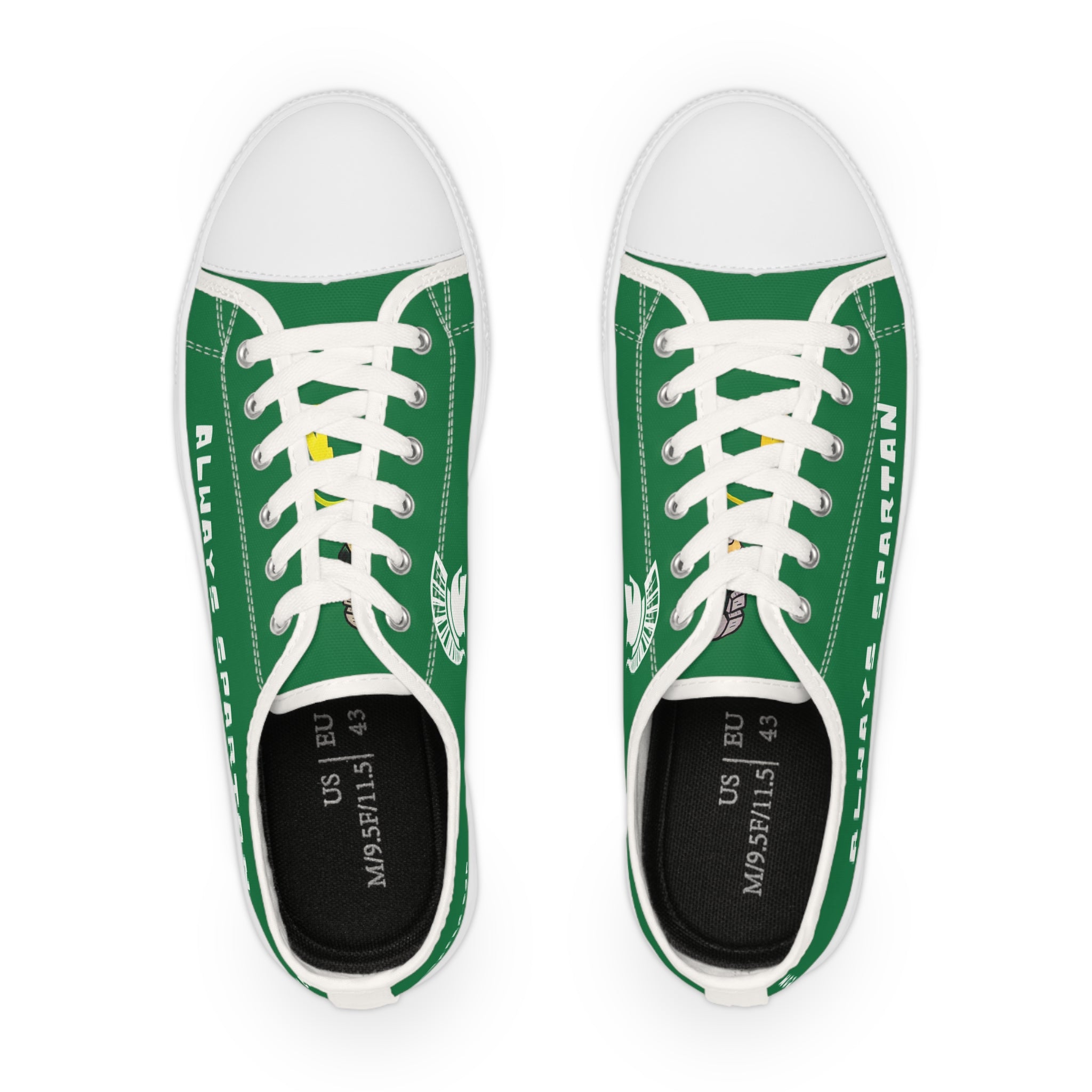 Green sneakers with white laces on a white background