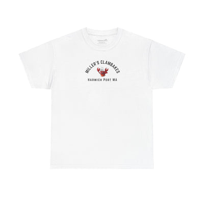 White t-shirt with happy lobster graphic and text 'Miller's Clambakes Harwich Port, MA'  