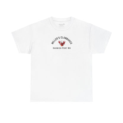 White t-shirt with happy lobster graphic and text 'Miller's Clambakes Harwich Port, MA'  