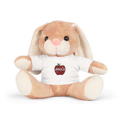 Plush bunny wearing a white shirt with 'JINGLE' text on an apply with white background