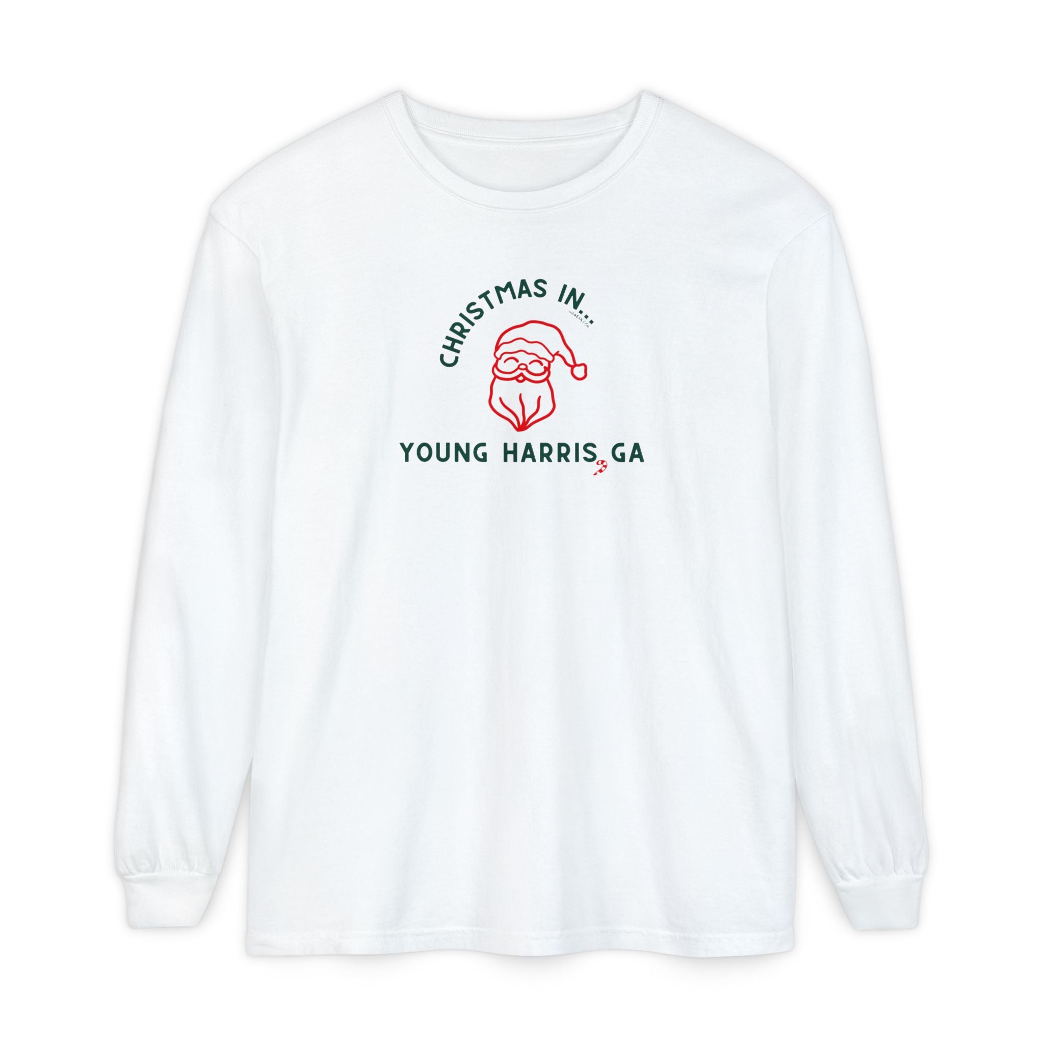 White long-sleeve unisex Comfort Colors t-shirt with Christmas graphic and text "Christmas in Young Harris, GA"