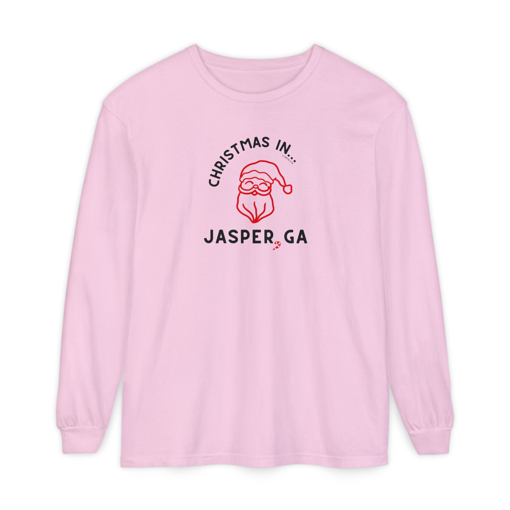 Pink long-sleeve shirt with happy Santa and candy cane graphic and text "Christmas in... Jasper, GA"