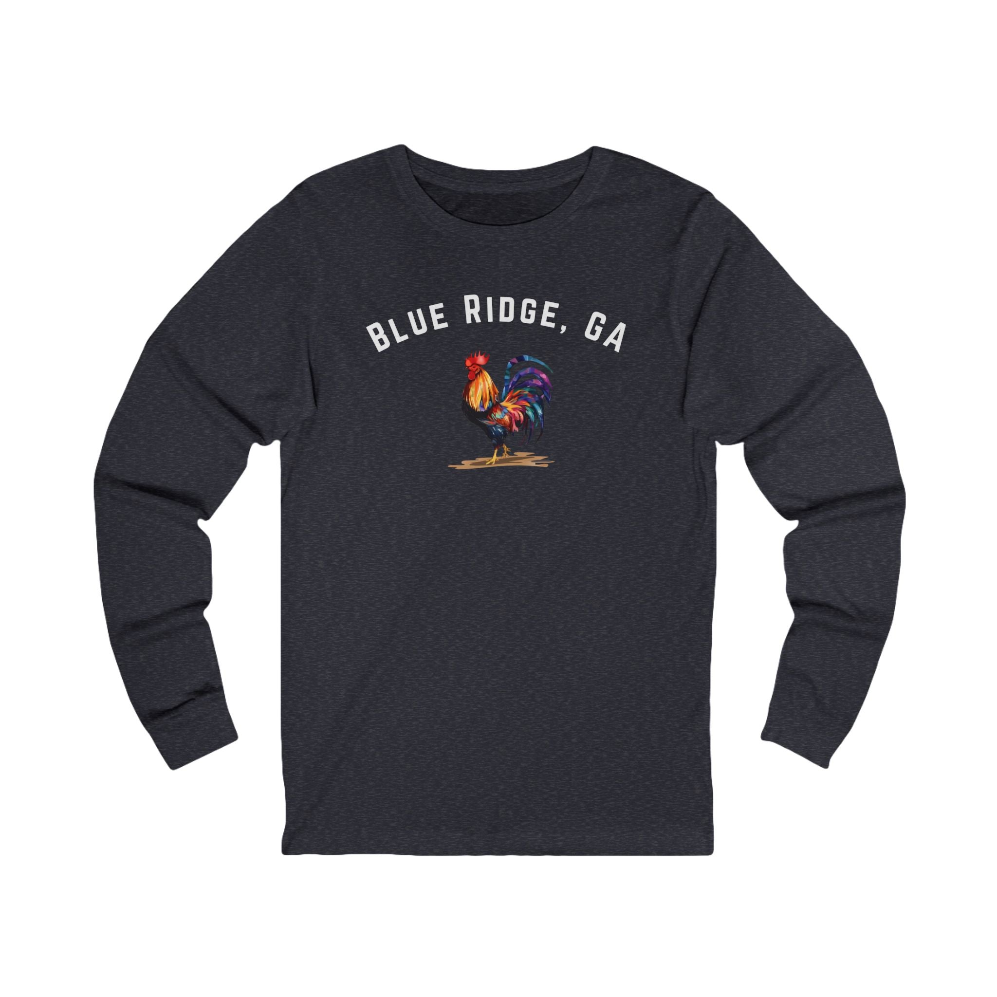 Dark Blue Heather long-sleeve shirt with 'Blue Ridge, GA' and rooster design on a white background