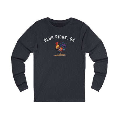 Dark Blue Heather long-sleeve shirt with 'Blue Ridge, GA' and rooster design on a white background