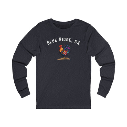 Dark Blue Heather long-sleeve shirt with 'Blue Ridge, GA' and rooster design on a white background