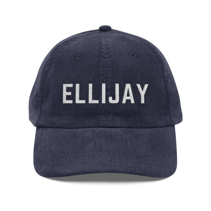 Navy blue corduroy hat with ELLIJAY embroidered in white by 515Gear.com
