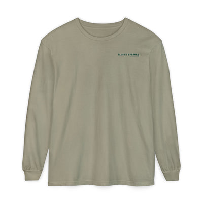 Khaki long-sleeve shirt with cartoon Sparty peeing and text Always Spartan
