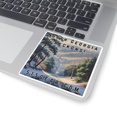 North Georgia Beckons! Square Sticker — Scenic Winter Mountain Travel Decal
