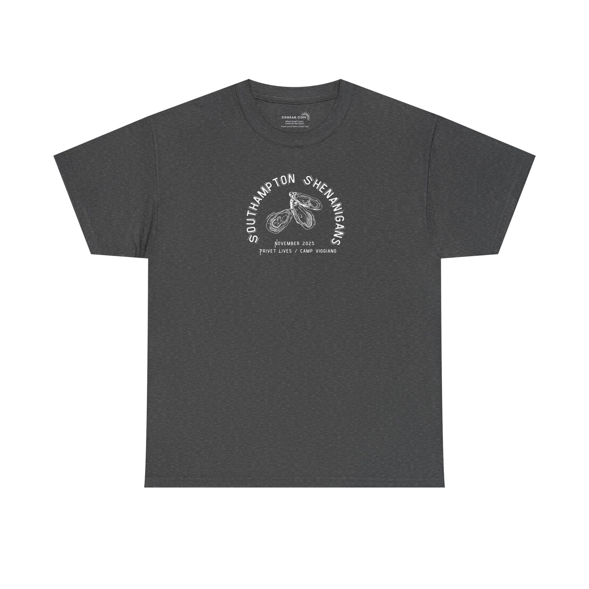 Dark gray t-shirt with Oyster graphic and text "Southampton Shenanigans November 2025 Privet Lives Camp Viggiano"