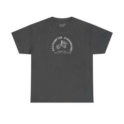 Dark gray t-shirt with Oyster graphic and text "Southampton Shenanigans November 2025 Privet Lives Camp Viggiano"