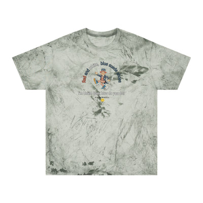 Tie-dye t-shirt with Uncle Sam dancing and text "Red and White, Blue Suede Shoes..." 