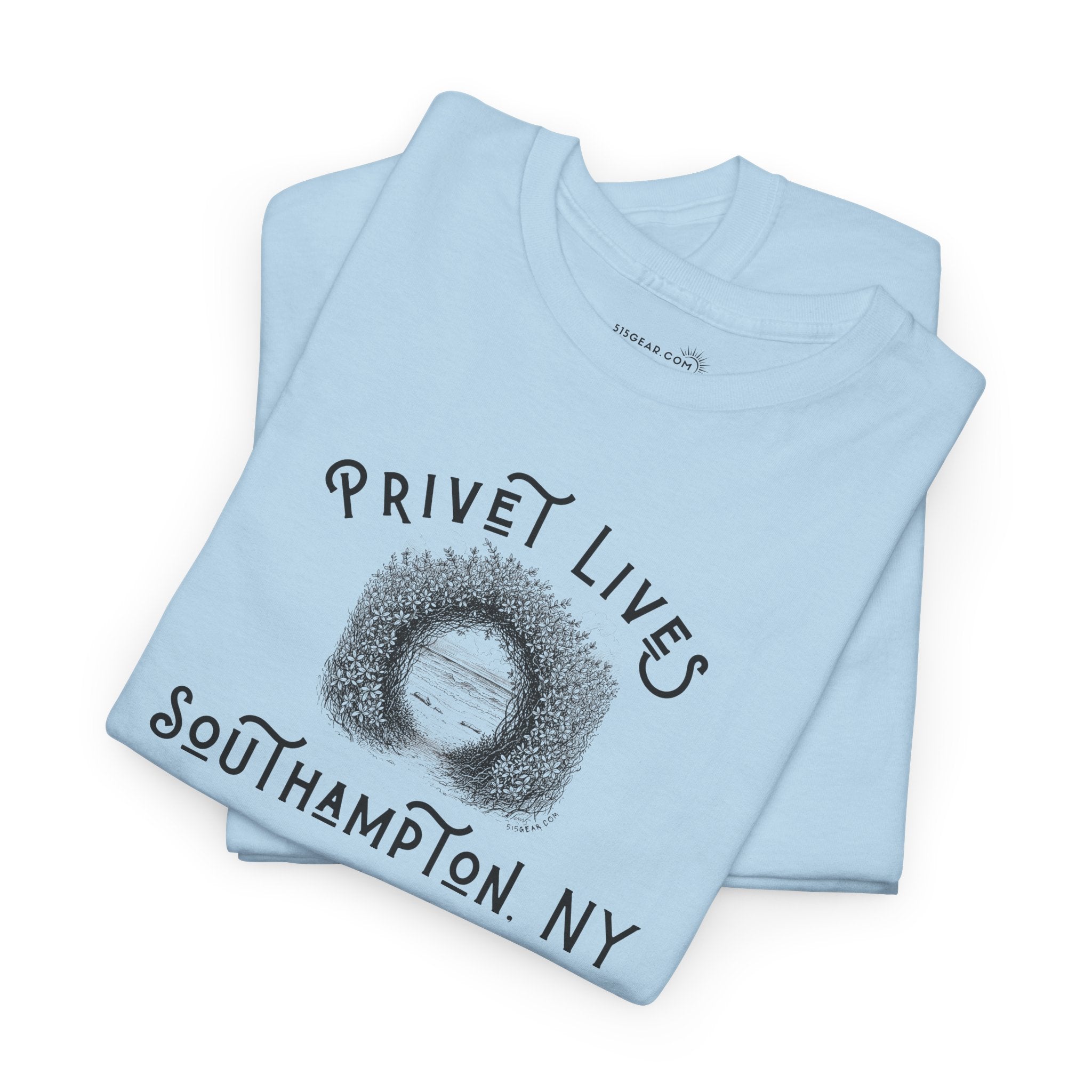 Light blue t-shirt with privet beach pathway illustration and text "Privet Lives - Southampton, NY"