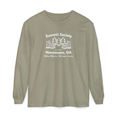Long-sleeve t-shirt, 'Summit Society Hiawassee, GA Hike More, Stress Less' printed on the front.