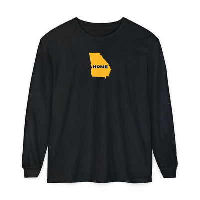 Black Comfort Colors unisex heavy weight 100% cotton Georgia pride long-sleeve tee in school colors; State of Georgia graphic with text 'HOME'