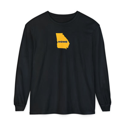 Black Comfort Colors unisex heavy weight 100% cotton Georgia pride long-sleeve tee in school colors; State of Georgia graphic with text 'HOME'
