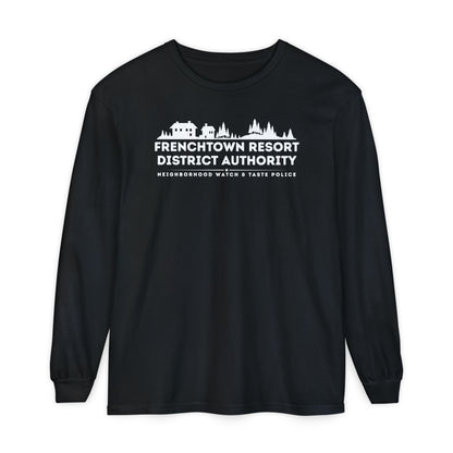 Black Comfort Colors long-sleeve tee with text Frenchtown Resort District Authority Neighborhood Watch & Taste Police