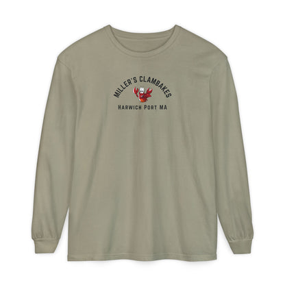 Khaki long-sleeve shirt with a happy lobster graphic and text "Miller's Clambakes Harwich Port, MA"