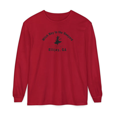 Red long sleeve t-shirt with sassy witch graphic holding a glass of wine and text "Witch Way to the Vineyard - Ellijay GA" by 515Gear.com