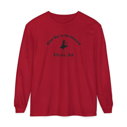 Red long sleeve t-shirt with sassy witch graphic holding a glass of wine and text "Witch Way to the Vineyard - Ellijay GA" by 515Gear.com