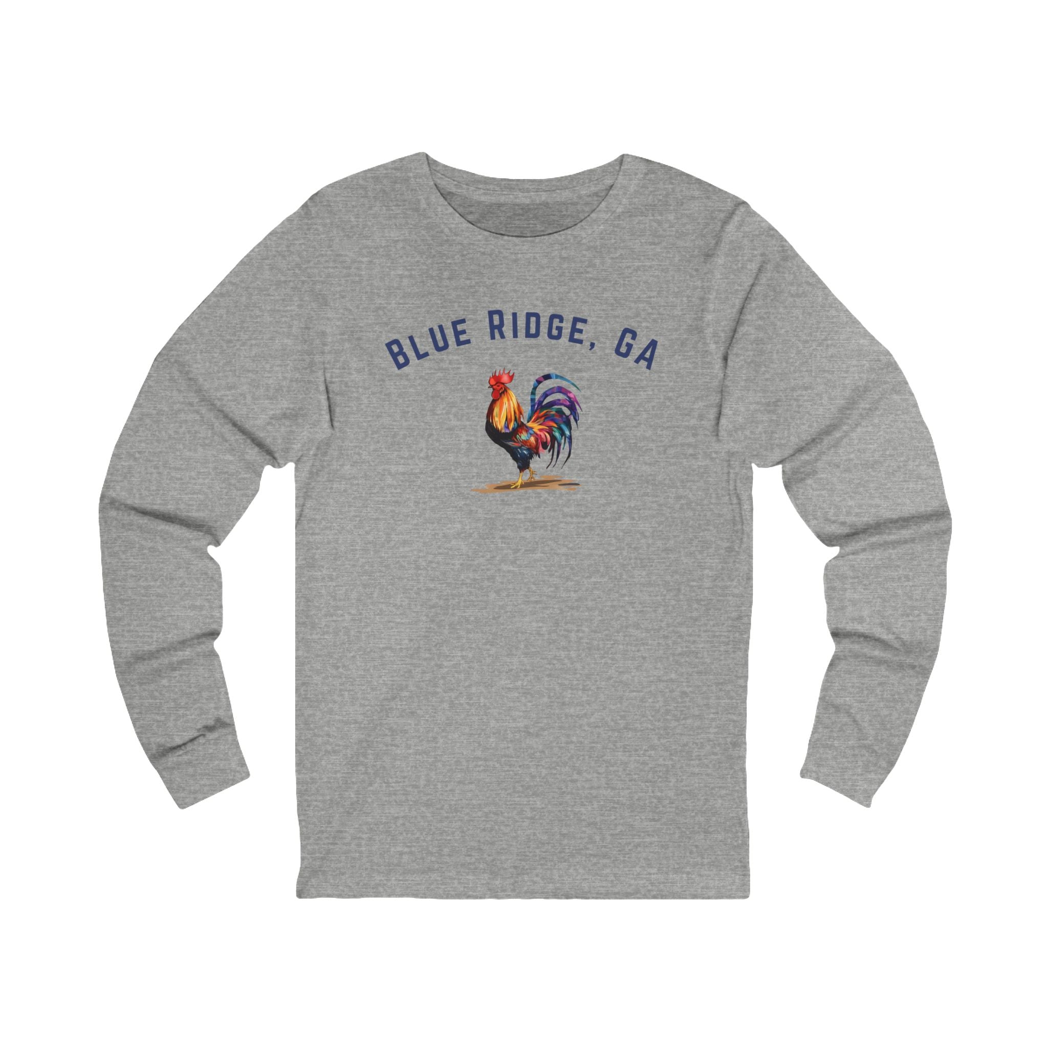 Gray long-sleeve shirt with a rooster graphic and 'Blue Ridge, GA' text on a white background