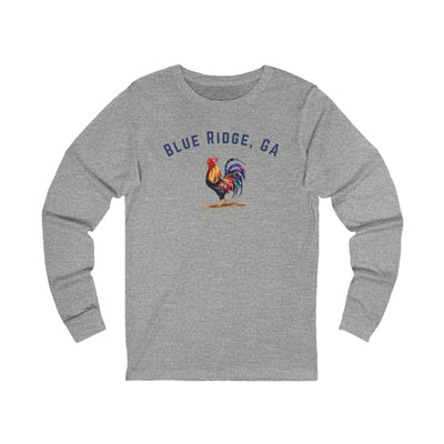 Gray long-sleeve shirt with a rooster graphic and 'Blue Ridge, GA' text on a white background