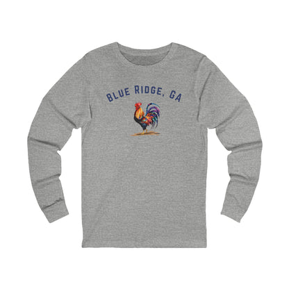 Gray long-sleeve shirt with a rooster graphic and 'Blue Ridge, GA' text on a white background