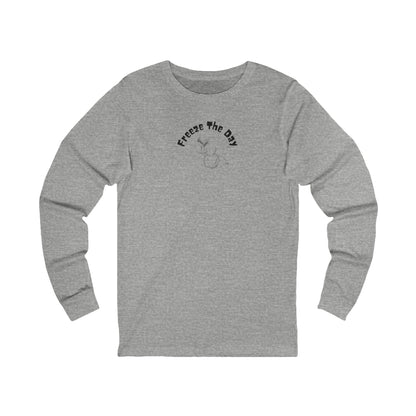 Gray long-sleeve shirt with a snowman tipping a hat and text "Freeze the Day" by 515Gear.com