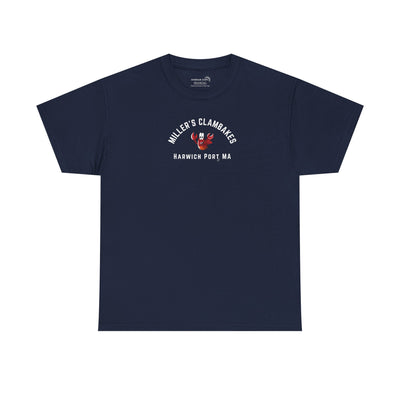Navy blue t-shirt with happy lobster graphic and text 'Miller's Clambakes Harwich Port, MA'  