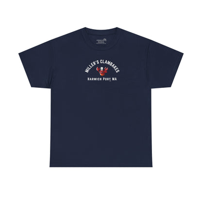 Navy blue t-shirt with happy lobster graphic and text 'Miller's Clambakes Harwich Port, MA'  