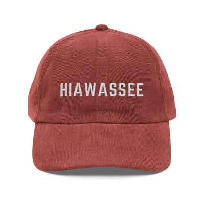 Red Burgundy corduroy hat with Hiawassee embroidered in white by 515Gear.com