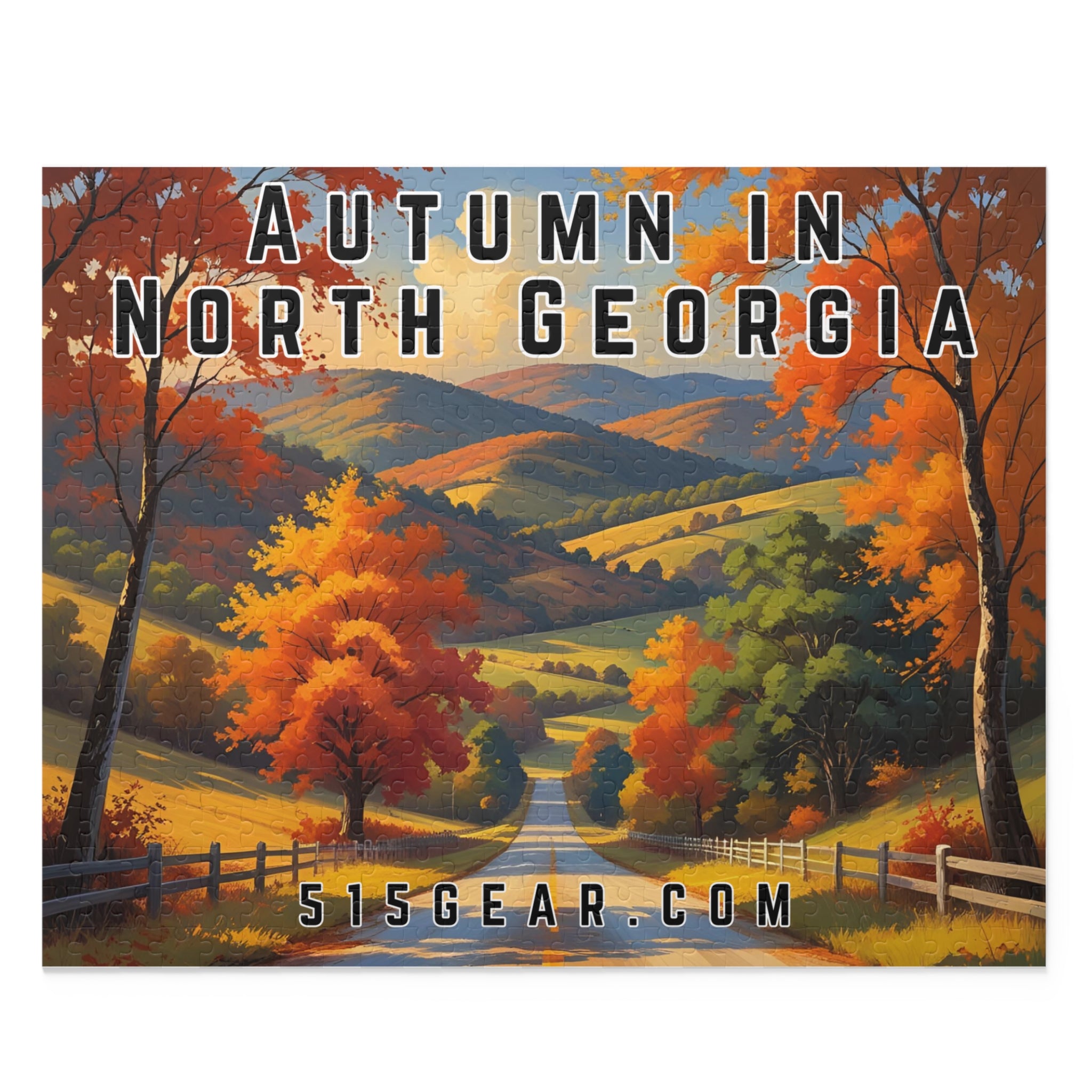Puzzle of a scenic landscape with autumn trees and mountains, featuring text 'Autumn in North Georgia' from 515Gear.com
