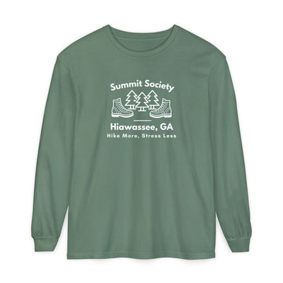 Long-sleeve t-shirt, 'Summit Society Hiawassee, GA Hike More, Stress Less' printed on the front.