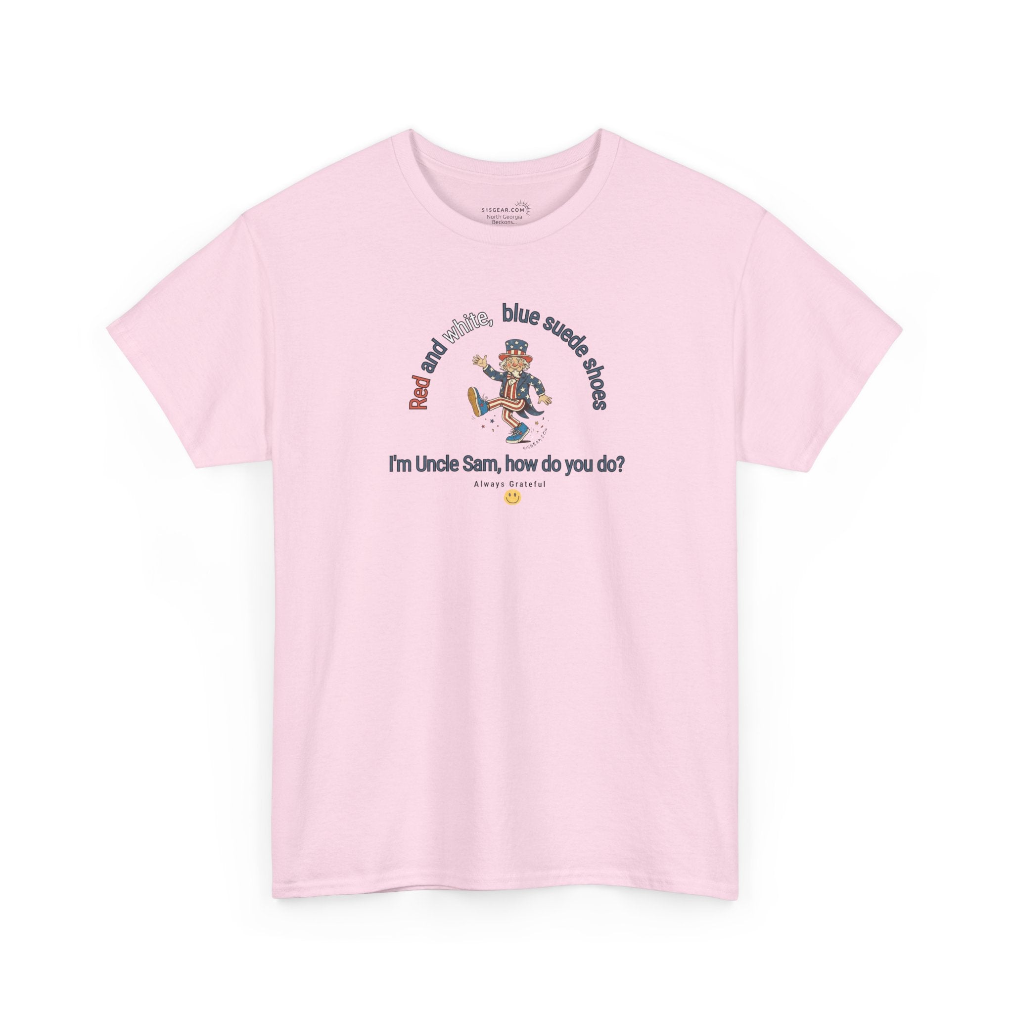 Pink  t-shirt with July 4th dancing Uncle Sam and text 