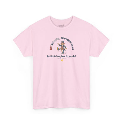 Pink  t-shirt with July 4th dancing Uncle Sam and text 