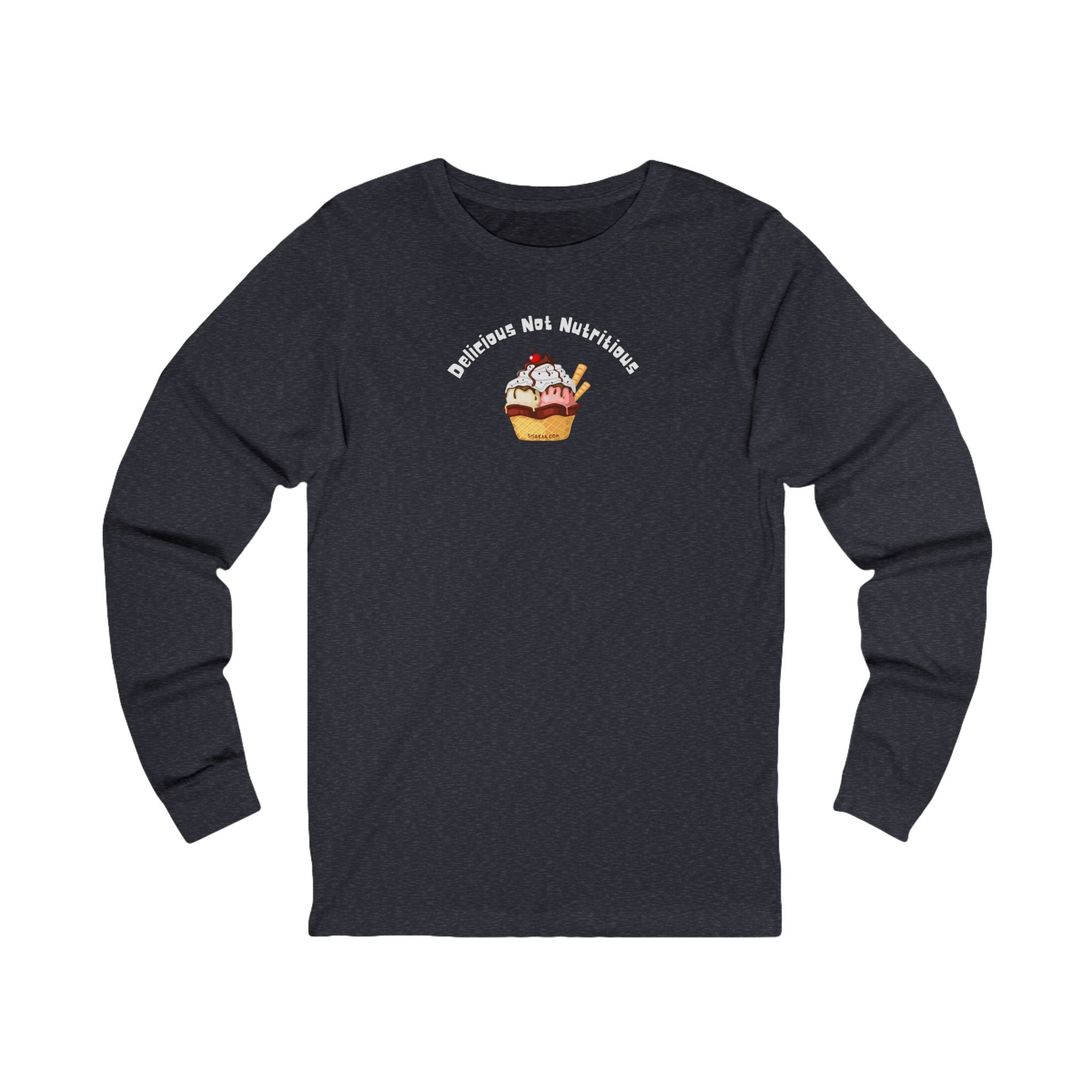Navy long-sleeve T-shirt with ice cream sundae graphic and text "delicious not nutritious" by 515gear.com
