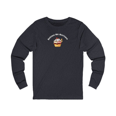 Navy long-sleeve T-shirt with ice cream sundae graphic and text "delicious not nutritious" by 515gear.com