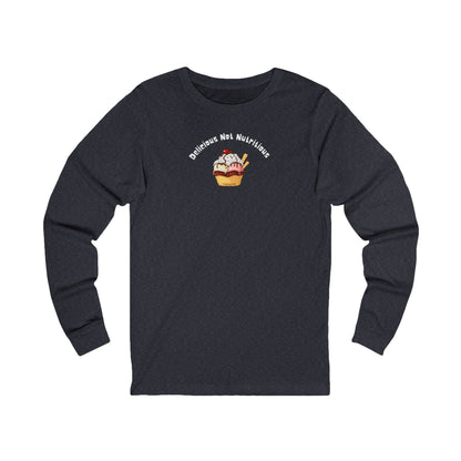 Navy long-sleeve T-shirt with ice cream sundae graphic and text "delicious not nutritious" by 515gear.com