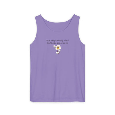 Purple tank top with text "Our steps today echo in their tomorrows" and anthropomorphic hippy flower graphic
