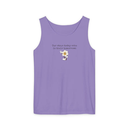 Purple tank top with text "Our steps today echo in their tomorrows" and anthropomorphic hippy flower graphic
