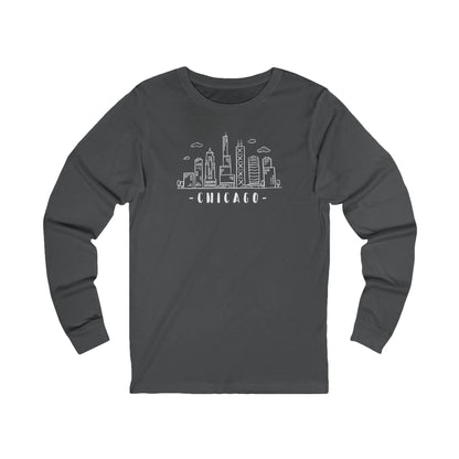 Dark gray long-sleeve shirt with Chicago skyline graphic and text "Chicago"
